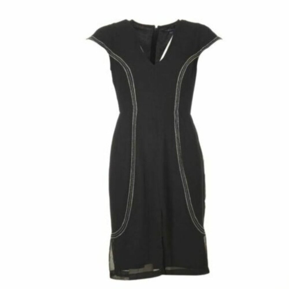 French Connection Little Black Dress Beaded Detail Sexy Bodycon Cap Sleeve Sz 6